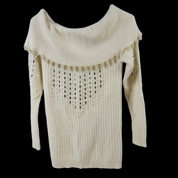 Vintage Pappagallo Beaded Pearl Off-Shoulder Sweater | Angora Wool Blend - Picture 1 of 11